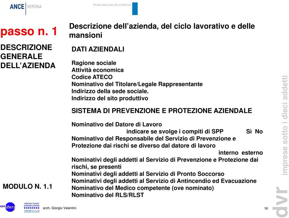 1 Descrizione dell azienda, del ciclo lavorativo e delle mansioni DATI AZIENDALI Ragione sociale Attività economica Codice ATECO Nominativo del Titolare/Legale Rappresentante Indirizzo della sede