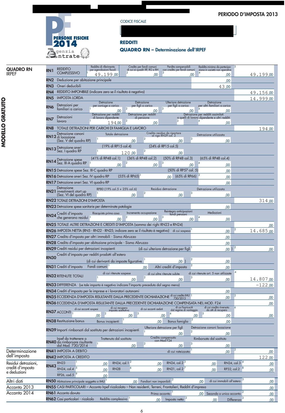 . RN eduzione per abitazione principale RN Oneri deducibili RN REITO IMPONIBILE (indicare zero se il risultato è negativo). RN IMPOST LOR.