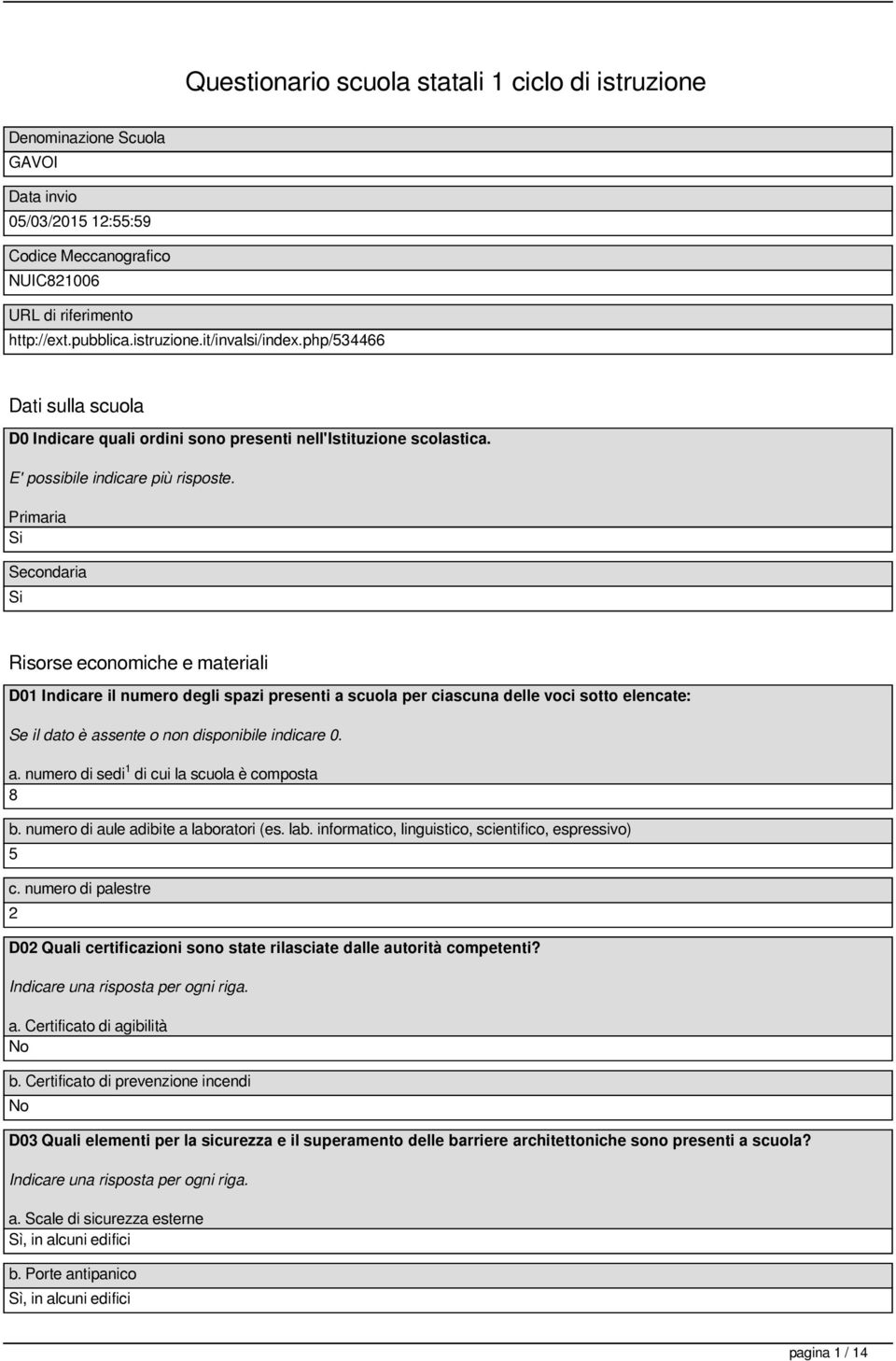 Primaria Secondaria Risorse economiche e materiali D01 Indicare il numero degli spazi presenti a scuola per ciascuna delle voci sotto elencate: a. numero di sedi 1 di cui la scuola è composta 8 b.