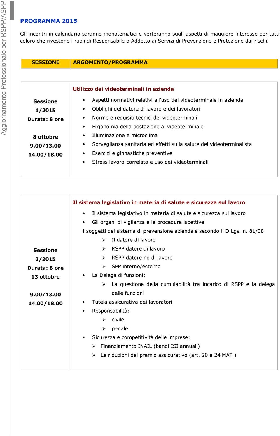 SESSIONE 1/2015 8 ottobre ARGOMENTO/PROGRAMMA Utilizzo dei videoterminali in azienda Aspetti normativi relativi all uso del videoterminale in azienda Obblighi del datore di lavoro e dei lavoratori