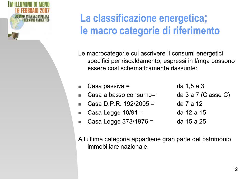 passiva = da 1,5 a 3 Casa a basso consumo= da 3 a 7 (Classe C) Casa D.P.R.