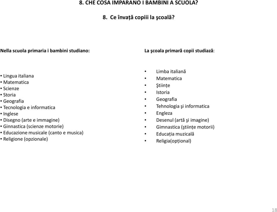 Tecnologia e informatica Inglese Disegno (arte e immagine) Ginnastica (scienze motorie) Educazione musicale (canto e musica)