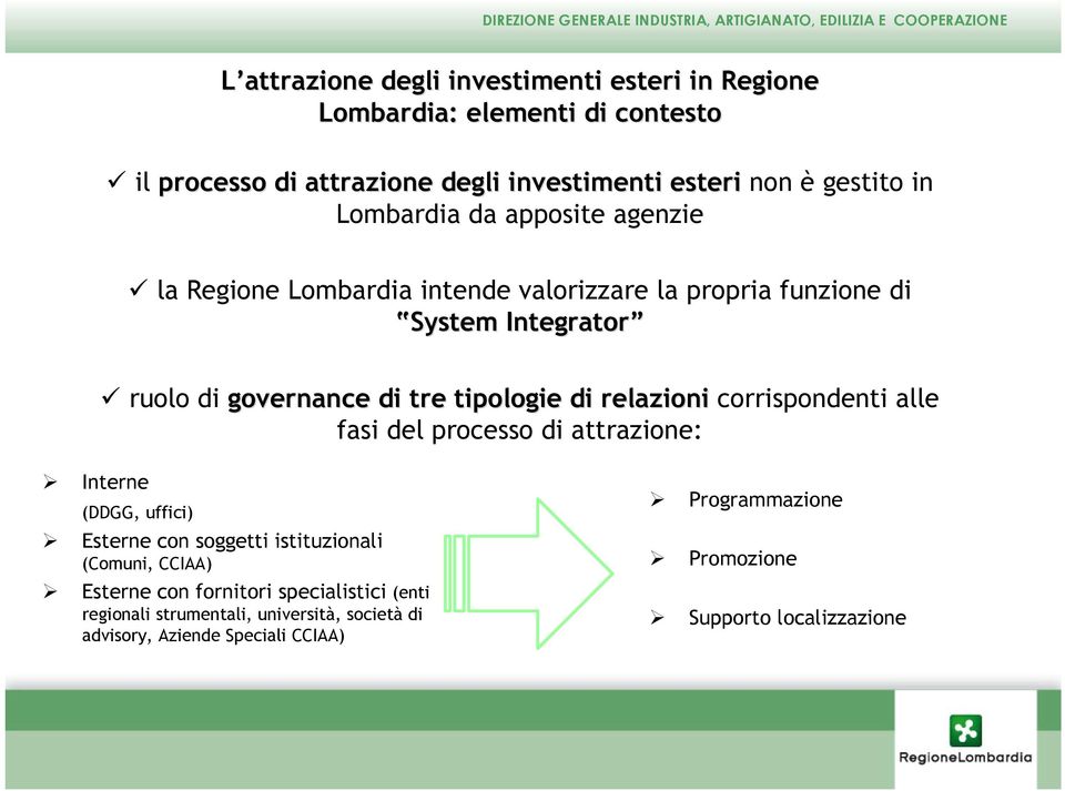 relazioni corrispondenti alle fasi del processo di attrazione: Interne (DDGG, uffici) Esterne con soggetti istituzionali (Comuni, CCIAA) Esterne con