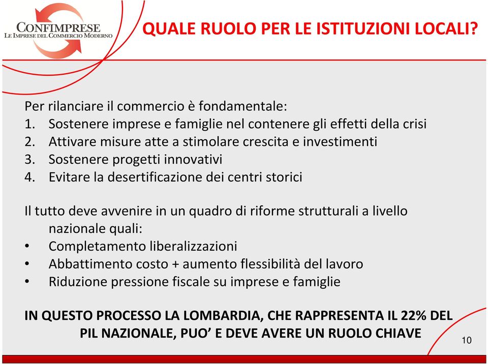 Evitare la desertificazione dei centri storici Il tutto deve avvenire in un quadro di riforme strutturali a livello nazionale quali: Completamento