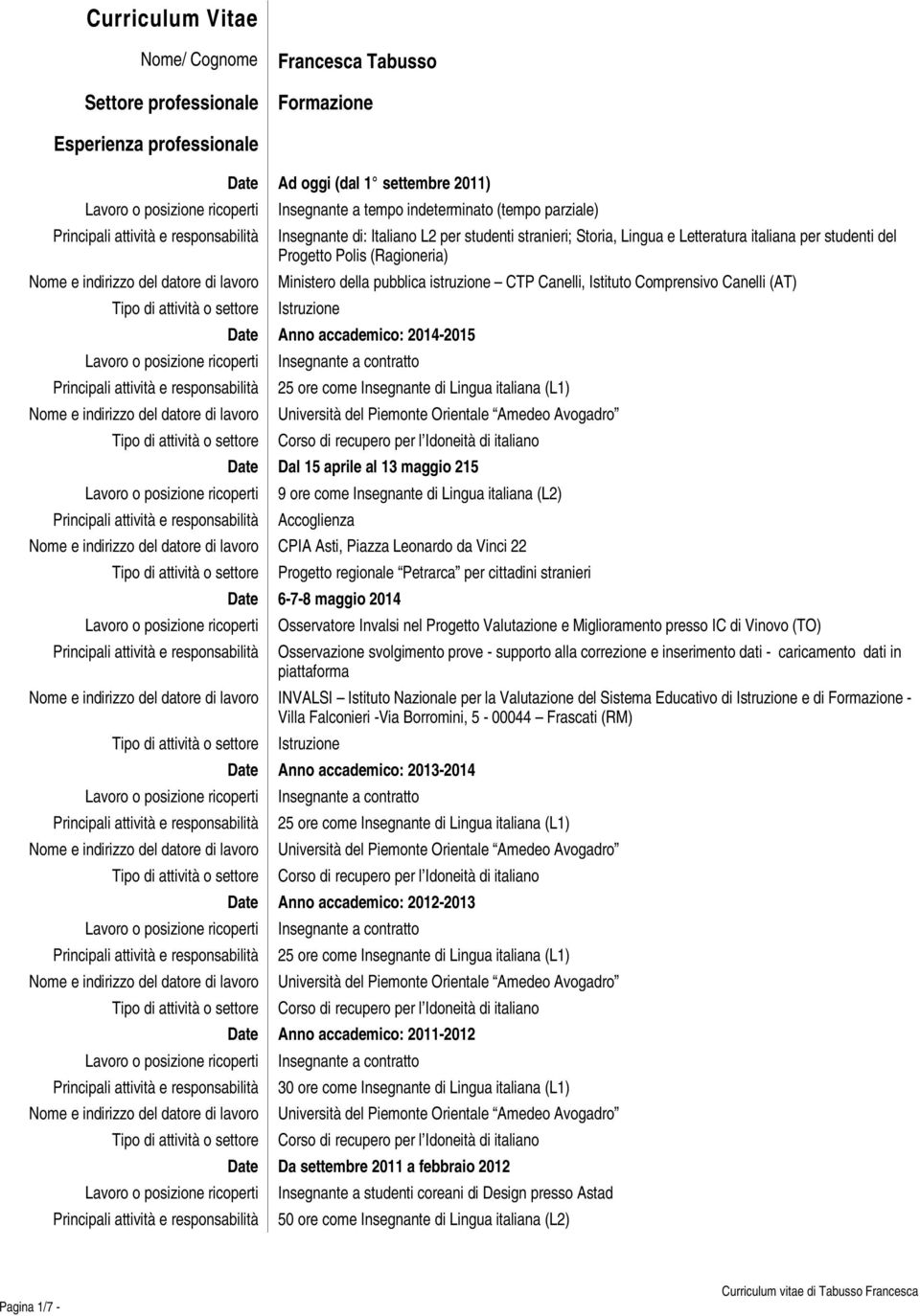 Canelli (AT) Istruzione Anno accademico: 2014-2015 25 ore come Insegnante di Lingua italiana (L1) Dal 15 aprile al 13 maggio 215 9 ore come Insegnante di Lingua italiana (L2) Accoglienza CPIA Asti,