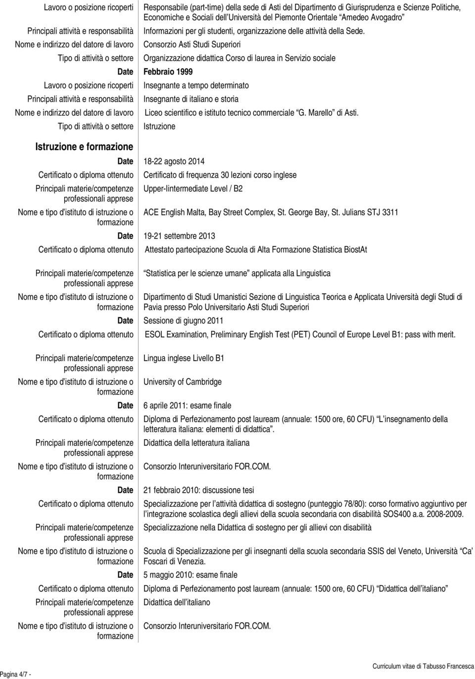 Consorzio Asti Studi Superiori Organizzazione didattica Corso di laurea in Servizio sociale Febbraio 1999 Insegnante a tempo determinato Insegnante di italiano e storia Liceo scientifico e istituto