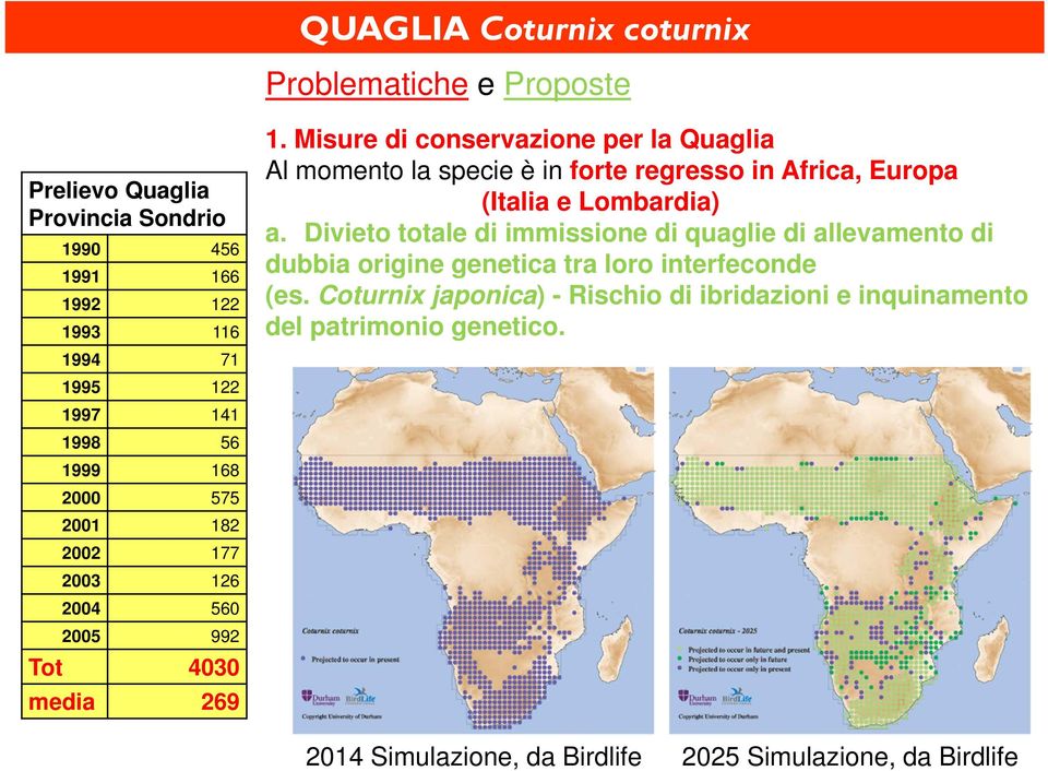 Misure di conservazione per la Quaglia Al momento la specie è in forte regresso in Africa, Europa (Italia e Lombardia) a.
