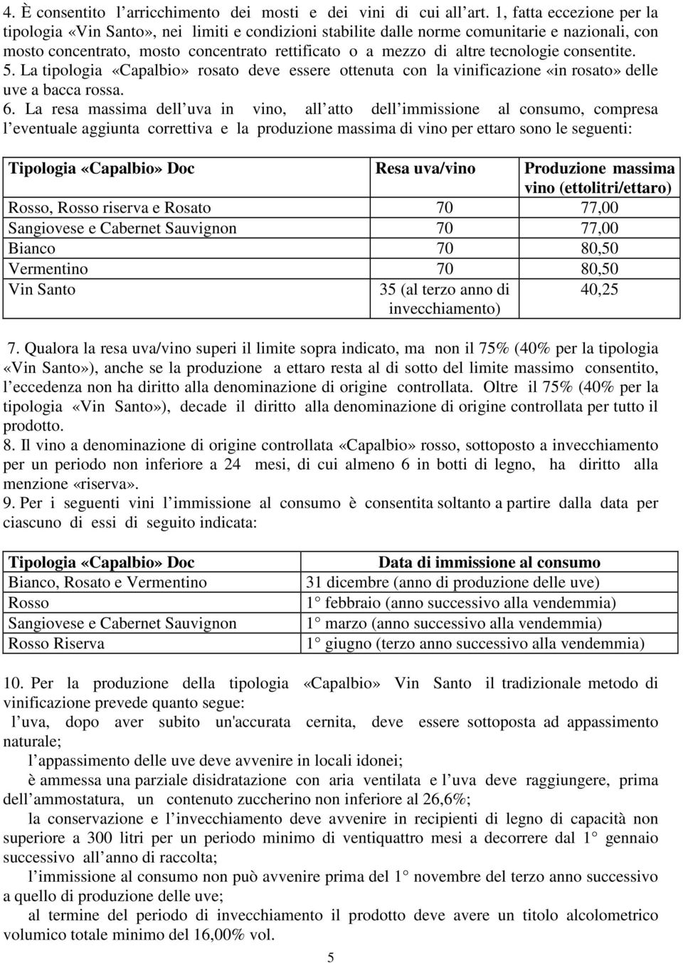 tecnologie consentite. 5. La tipologia «Capalbio» rosato deve essere ottenuta con la vinificazione «in rosato» delle uve a bacca rossa. 6.