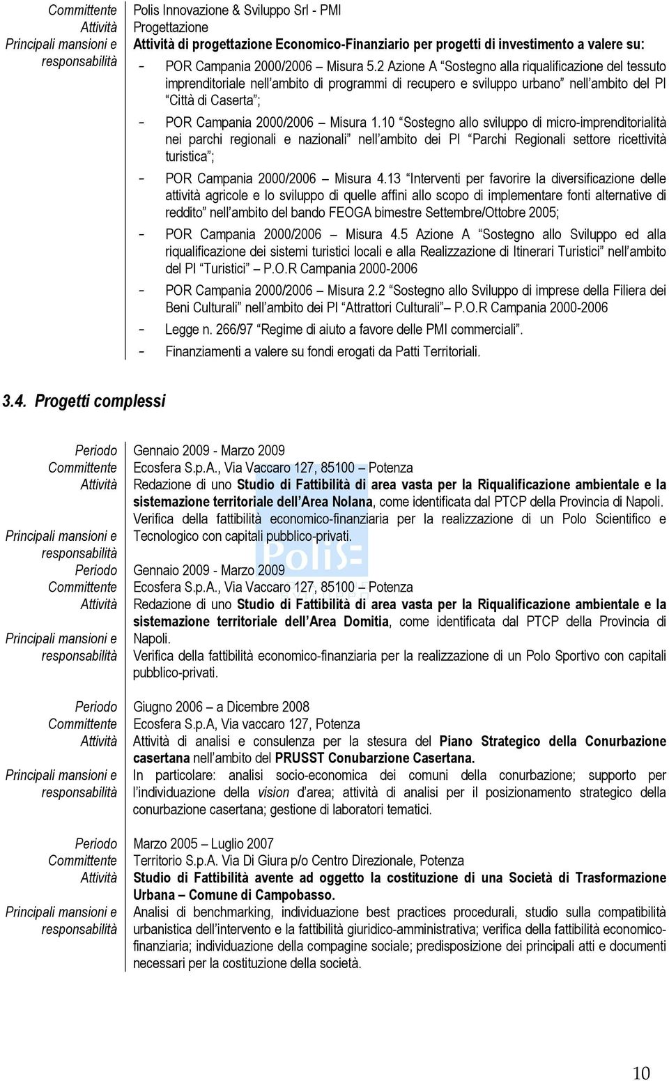 10 Sostegno allo sviluppo di micro-imprenditorialità nei parchi regionali e nazionali nell ambito dei PI Parchi Regionali settore ricettività turistica ; - POR Campania 2000/2006 Misura 4.