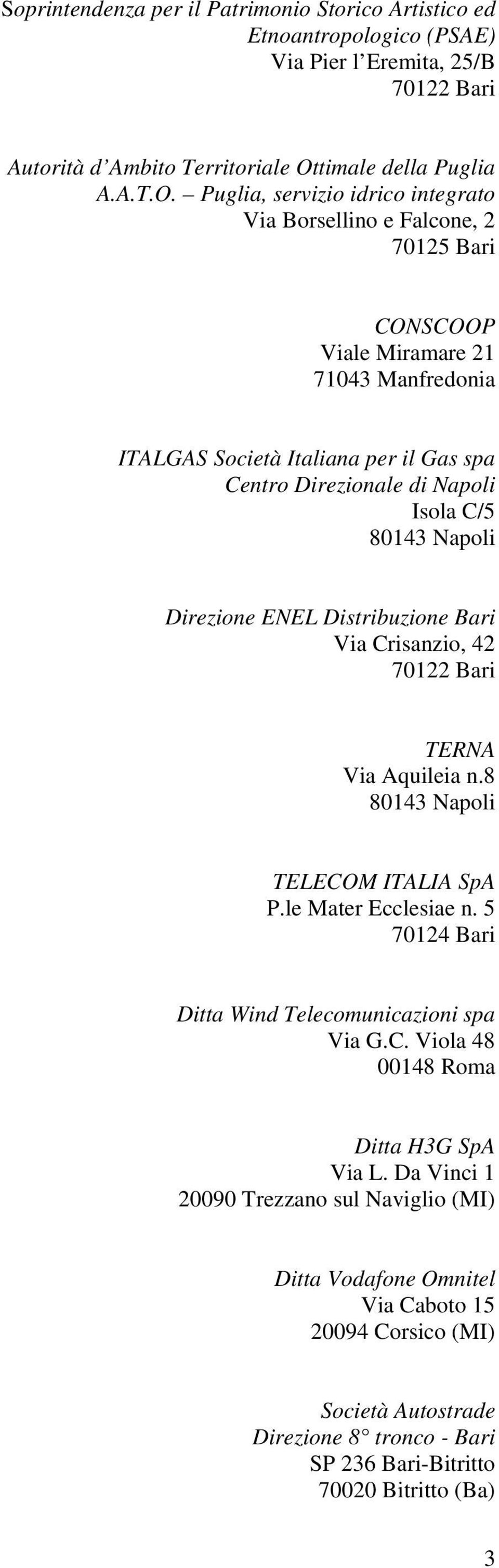 Puglia, servizio idrico integrato Via Borsellino e Falcone, 2 70125 Bari CONSCOOP Viale Miramare 21 71043 Manfredonia ITALGAS Società Italiana per il Gas spa Centro Direzionale di Napoli Isola C/5