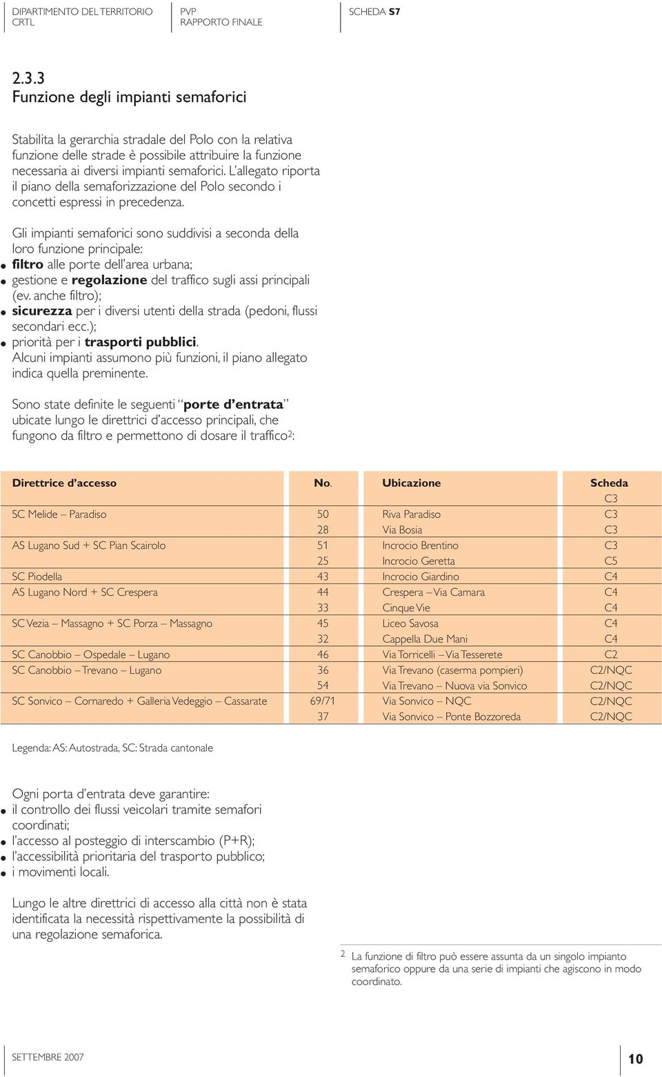 Gli impianti semaforici sono suddivisi a seconda della loro funzione principale: filtro alle porte dell area urbana; gestione e regolazione del traffico sugli assi principali (ev.