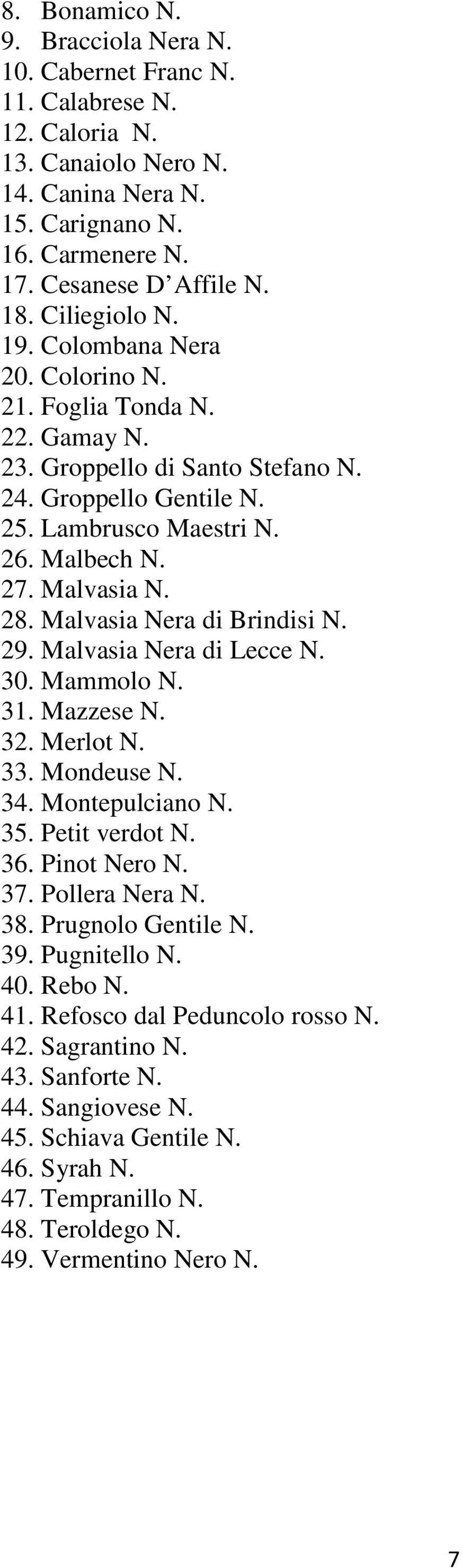 Malvasia Nera di Brindisi N. 29. Malvasia Nera di Lecce N. 30. Mammolo N. 31. Mazzese N. 32. Merlot N. 33. Mondeuse N. 34. Montepulciano N. 35. Petit verdot N. 36. Pinot Nero N. 37. Pollera Nera N.