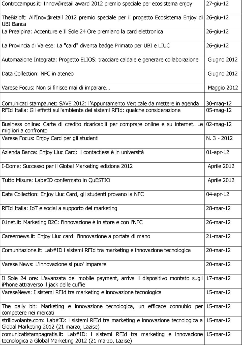 la card elettronica 27-giu-12 26-giu-12 26-giu-12 La Provincia di Varese: La "card" diventa badge Primato per UBI e LIUC 26-giu-12 Automazione Integrata: Progetto ELIOS: tracciare caldaie e generare