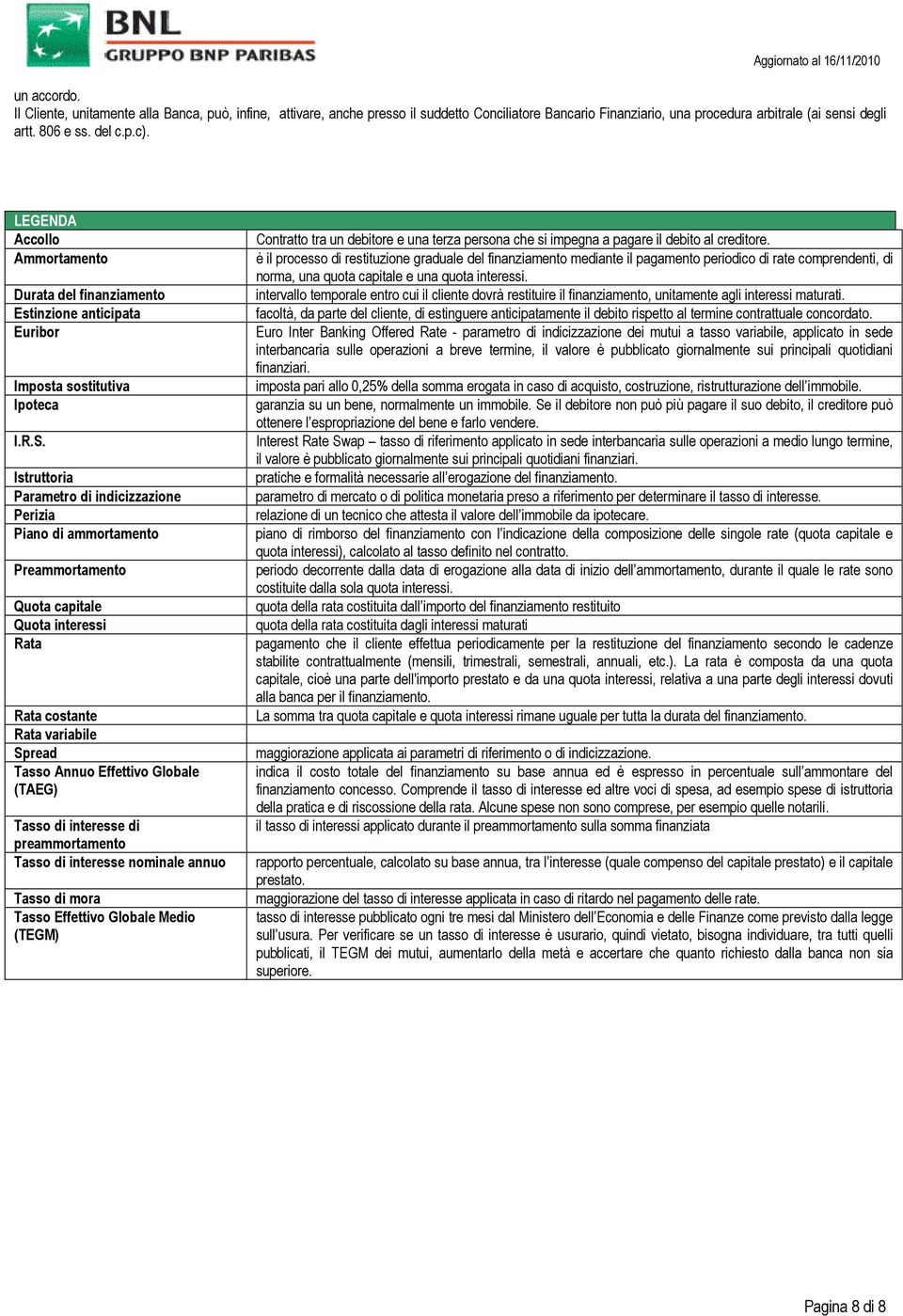 Istruttoria Parametro di indicizzazione Perizia Piano di ammortamento Preammortamento Quota capitale Quota interessi Rata Rata costante Rata variabile Spread Tasso Annuo Effettivo Globale (TAEG)