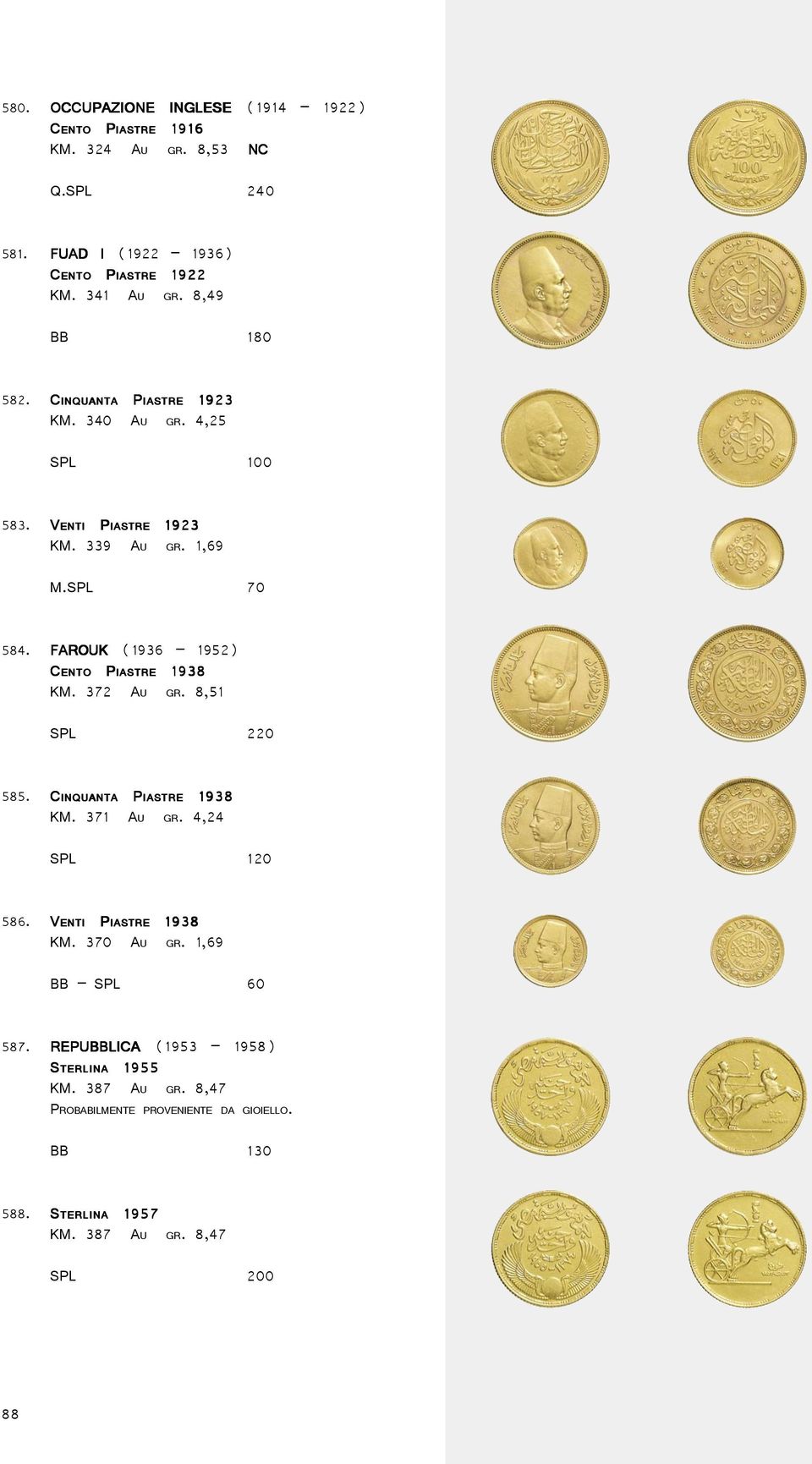 FAROUK (1936 1952) CENTO PIASTRE 1938 KM. 372 AU GR. 8,51 SPL 220 1938 KM. 371 AU GR. 4,24 585. CINQUANTA PIASTRE 1938 SPL 120 1938 KM. 370 AU GR. 1,69 586.