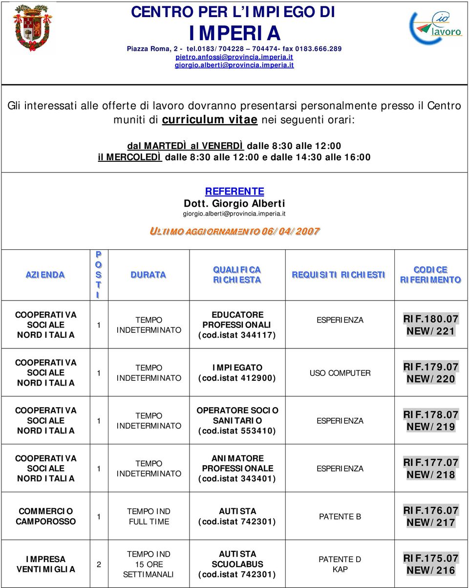 it Gli interessati alle offerte di lavoro dovranno presentarsi personalmente presso il Centro muniti di curriculum vitae nei seguenti orari: dal MARTEDÌ al VENERDÌ dalle 8:30 alle :00 il MERCOLEDÌ