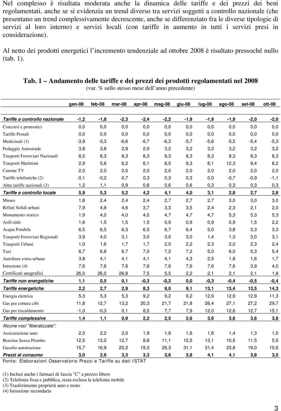 considerazione). Al netto dei prodotti energetici l incremento tendenziale ad ottobre 2008 è risultato pressoché nullo (tab. 1). Tab.