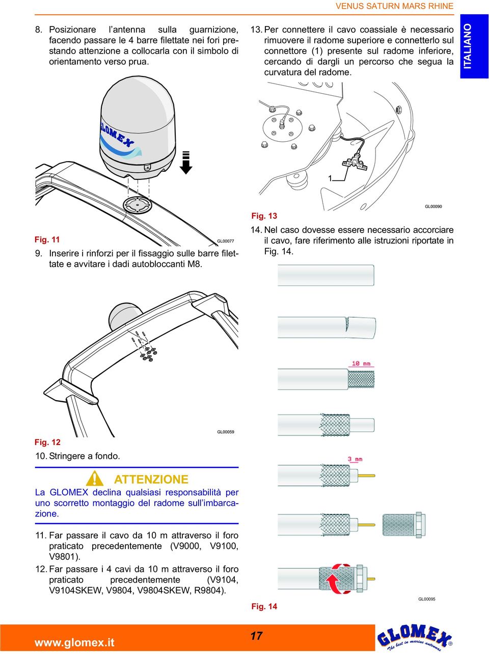 radome. Fig. 11 9. Inserire i rinforzi per il fissaggio sulle barre filettate e avvitare i dadi autobloccanti M8. Fig. 13 14.