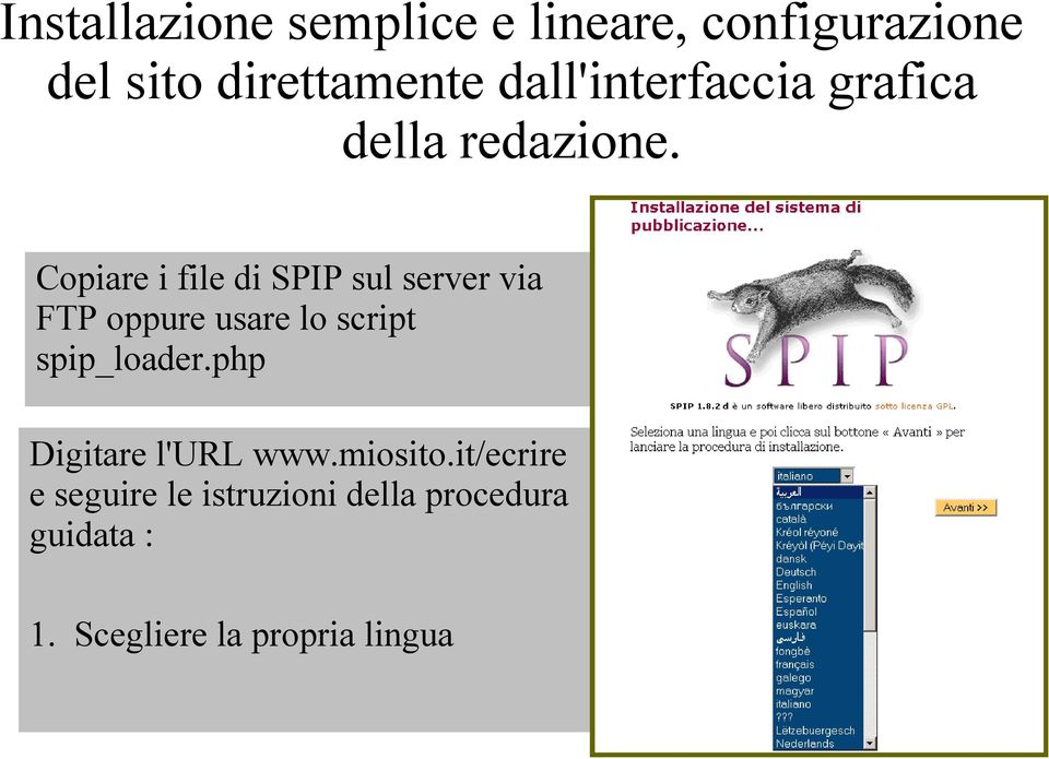 Copiare i file di SPIP sul server via FTP oppure usare lo script spip_loader.