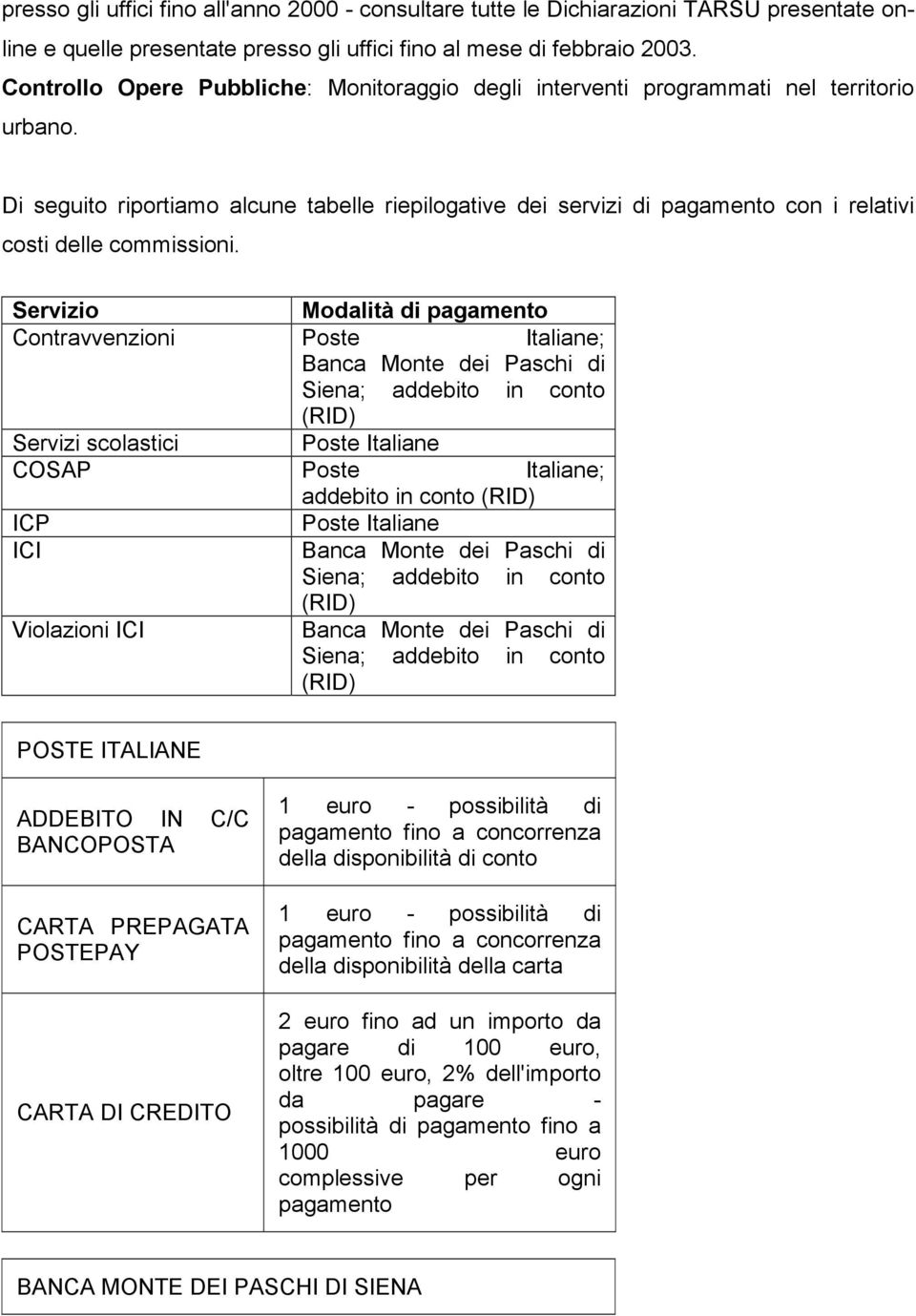 Di seguito riportiamo alcune tabelle riepilogative dei servizi di pagamento con i relativi costi delle commissioni.