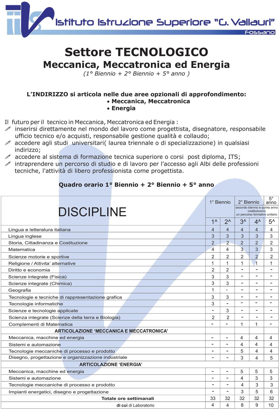 qualità e collaudo; accedere agli studi universitari( laurea triennale o di specializzazione) in qualsiasi indirizzo; accedere al sistema di formazione tecnica superiore o corsi post diploma, ITS;