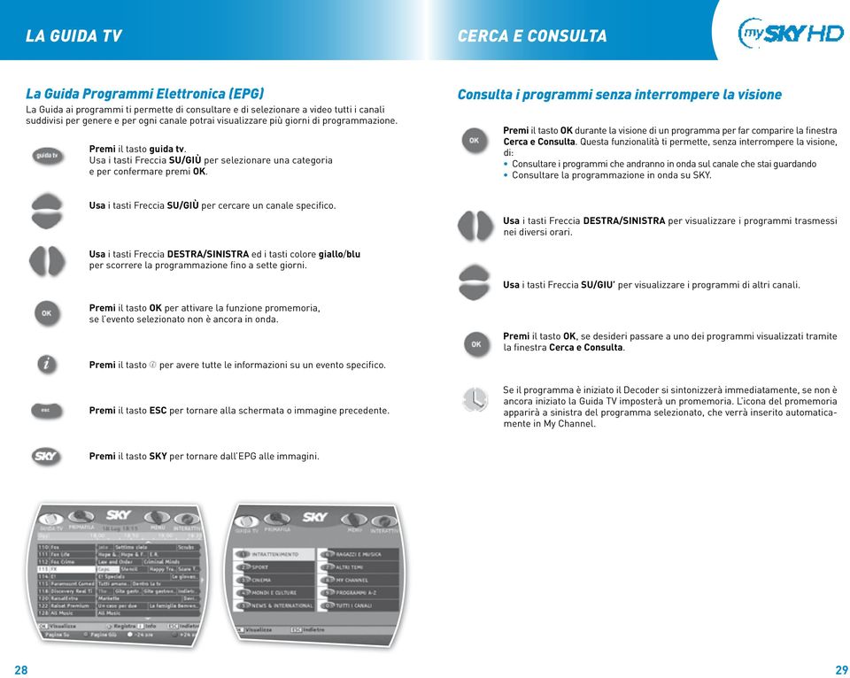 Consulta i programmi senza interrompere la visione Premi il tasto ok durante la visione di un programma per far comparire la finestra Cerca e Consulta.