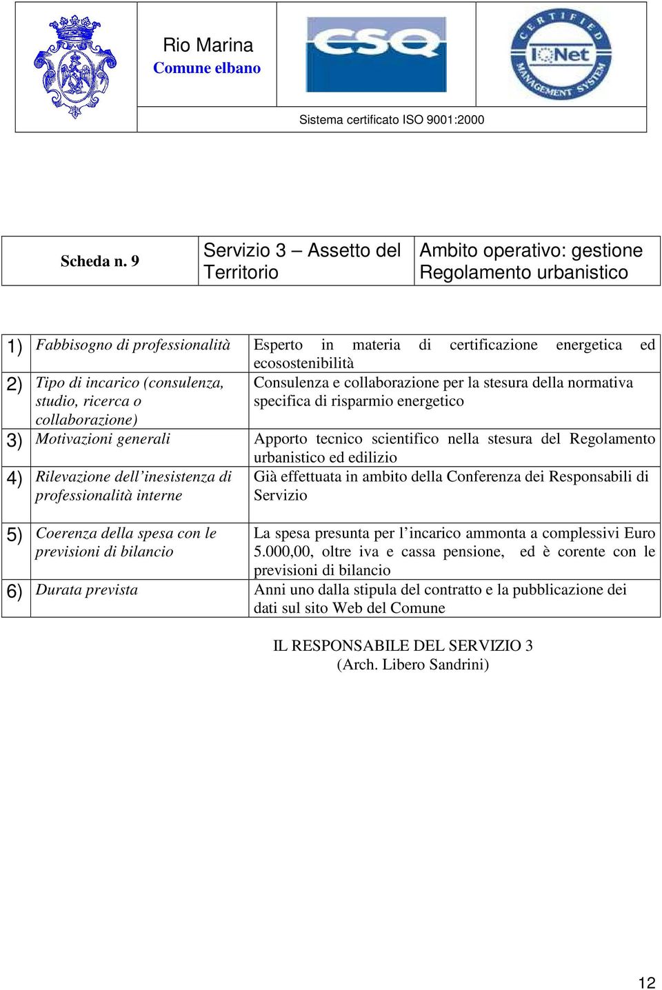 di incarico (consulenza, Consulenza e collaborazione per la stesura della normativa specifica di risparmio energetico 3) Motivazioni generali Apporto tecnico scientifico nella stesura del