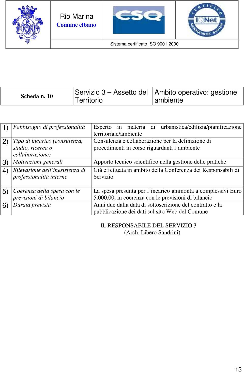 2) Tipo di incarico (consulenza, Consulenza e collaborazione per la definizione di procedimenti in corso riguardanti l ambiente 3) Motivazioni generali Apporto tecnico scientifico nella