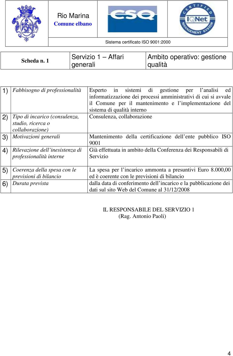 cui si avvale il Comune per il mantenimento e l implementazione del sistema di qualità interno 2) Tipo di incarico (consulenza, Consulenza, collaborazione 3) Motivazioni generali Mantenimento