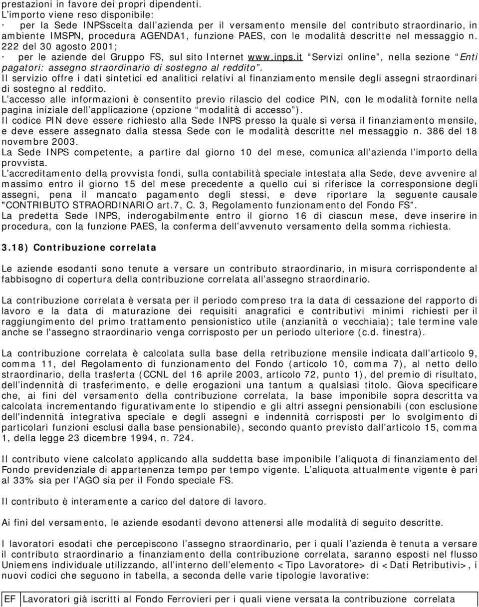 descritte nel messaggio n. 222 del 30 agosto 2001; per le aziende del Gruppo FS, sul sito Internet www.inps.