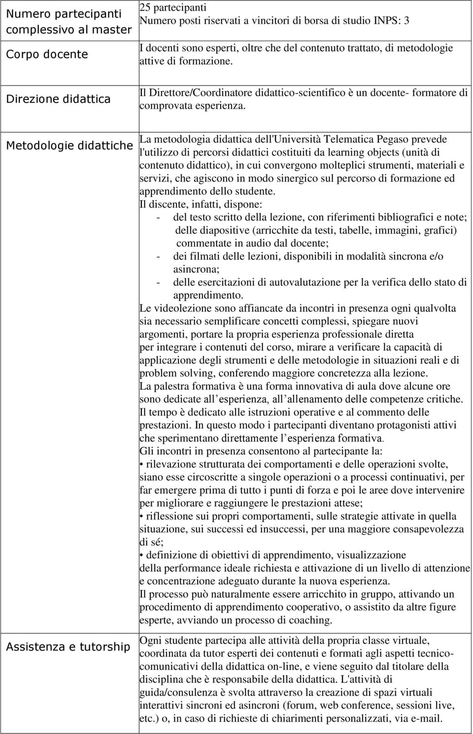 Metodologie didattiche Assistenza e tutorship La metodologia didattica dell'università Telematica Pegaso prevede l'utilizzo di percorsi didattici costituiti da learning objects (unità di contenuto