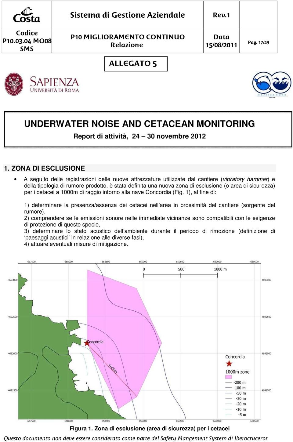 esclusione (o area di sicurezza) per i cetacei a 1000m di raggio intorno alla nave Concordia (Fig.