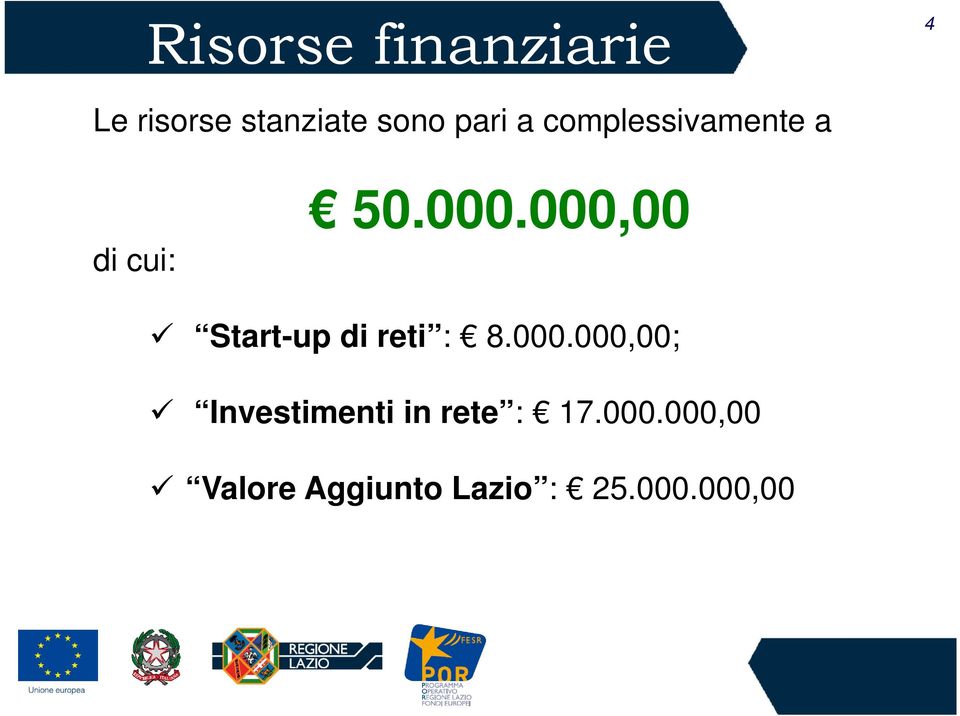 000,00 Start-up di reti : 8.000.000,00; Investimenti in rete : 17.