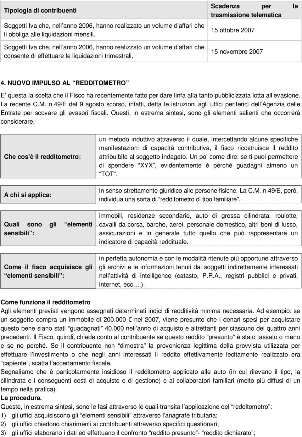 NUOVO IMPULSO AL REDDITOMETRO E questa la scelta che il Fisco ha recentemente fatto per dare linfa alla tanto pubblicizzata lotta all evasione. La recente C.M. n.