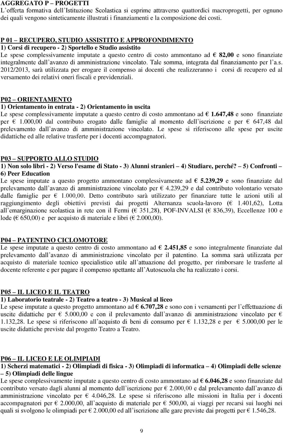 P 01 RECUPERO, STUDIO ASSISTITO E APPROFONDIMENTO 1) Corsi di recupero - 2) Sportello e Studio assistito Le spese complessivamente imputate a questo centro di costo ammontano ad 82,00 e sono