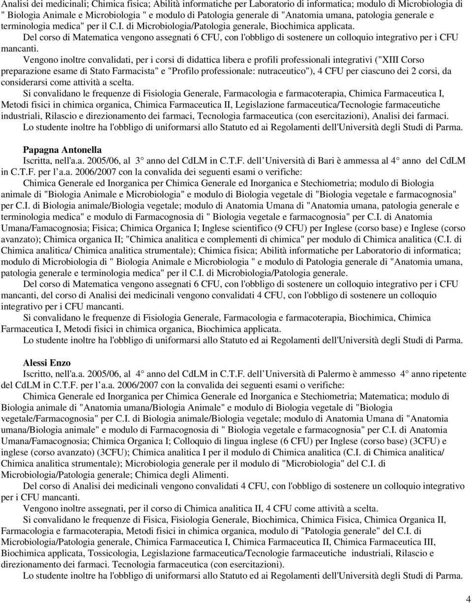 Vengono inoltre convalidati, per i corsi di didattica libera e profili professionali integrativi ("XIII Corso preparazione esame di Stato Farmacista" e "Profilo professionale: nutraceutico"), 4 CFU