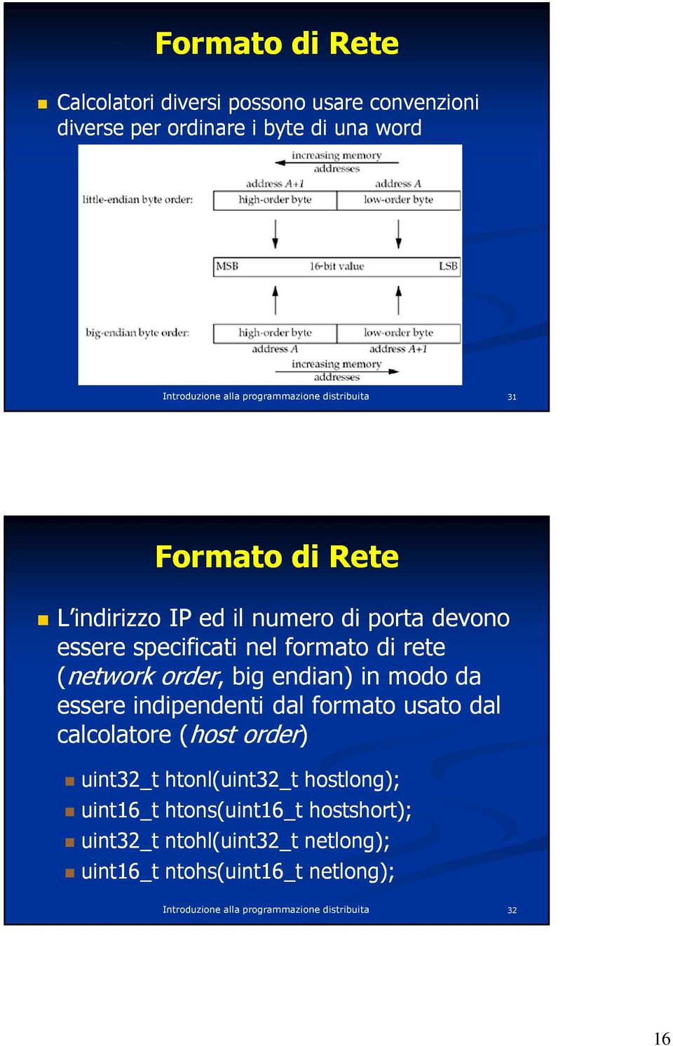 endian) in modo da essere indipendenti dal formato usato dal calcolatore (host order) uint32_t htonl(uint32_t