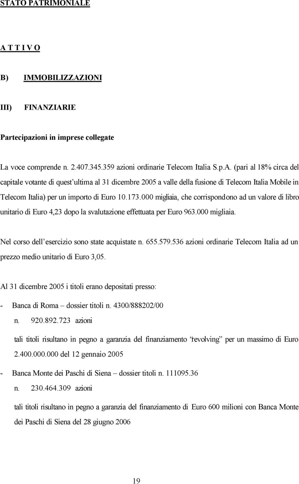 536 azioni ordinarie Telecom Italia ad un prezzo medio unitario di Euro 3,05. Al 31 dicembre 2005 i titoli erano depositati presso: - Banca di Roma dossier titoli n. 4300/888202/00 n. 920.892.