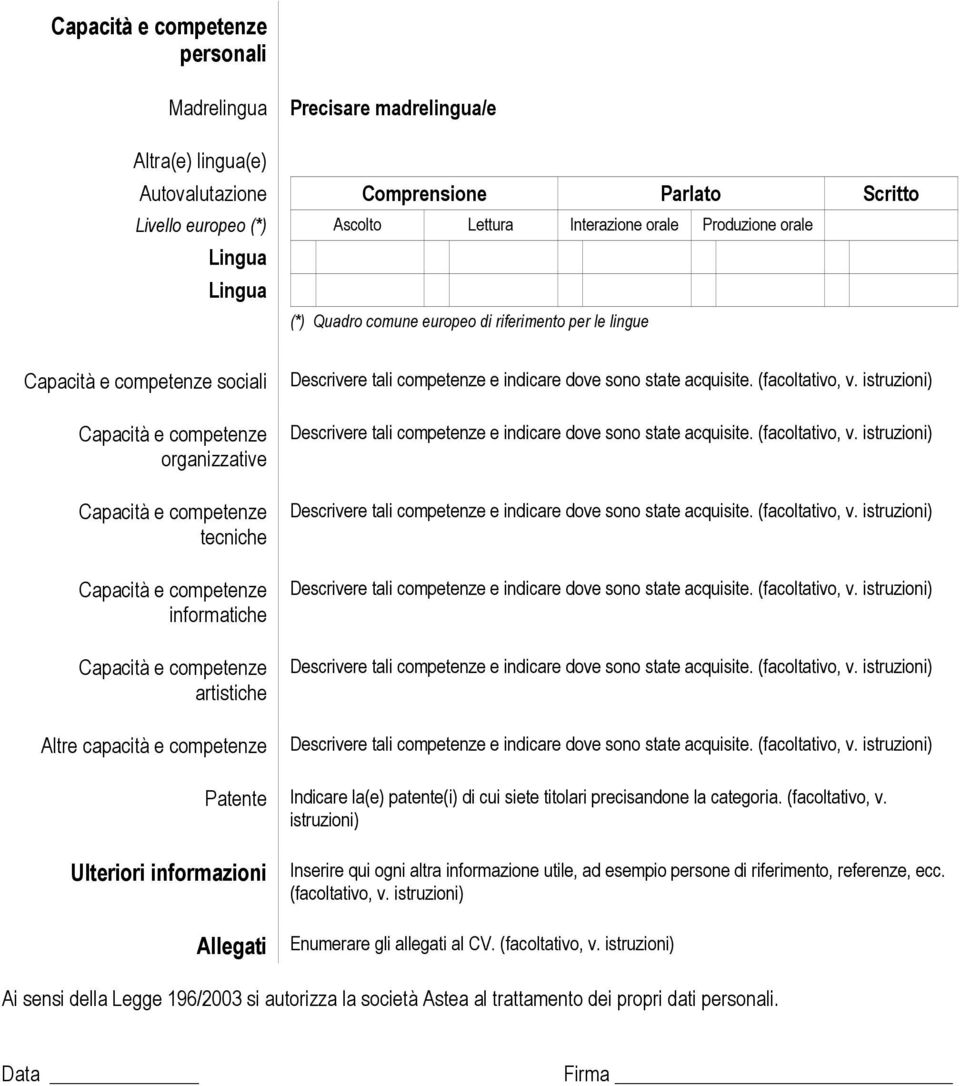 informatiche Capacità e competenze artistiche Altre capacità e competenze Patente Indicare la(e) patente(i) di cui siete titolari precisandone la categoria. (facoltativo, v.