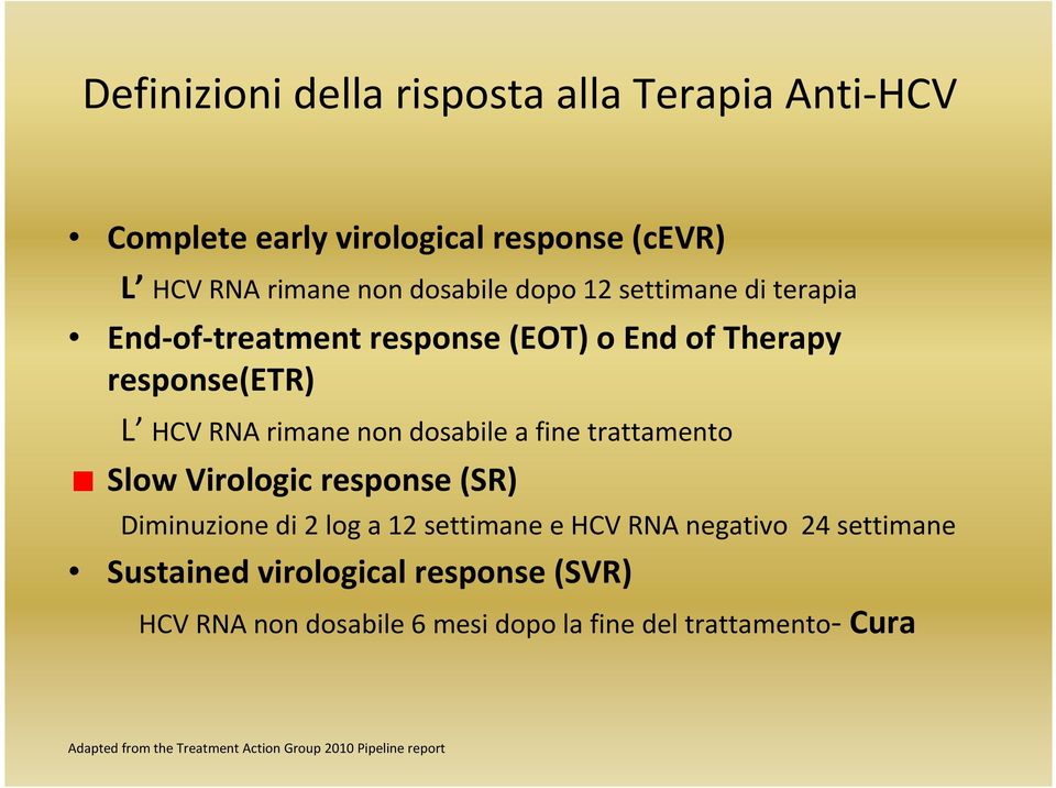 trattamento Slow Virologic response (SR) Diminuzione di 2 log a 12 settimane e HCV RNA negativo 24 settimane Sustained