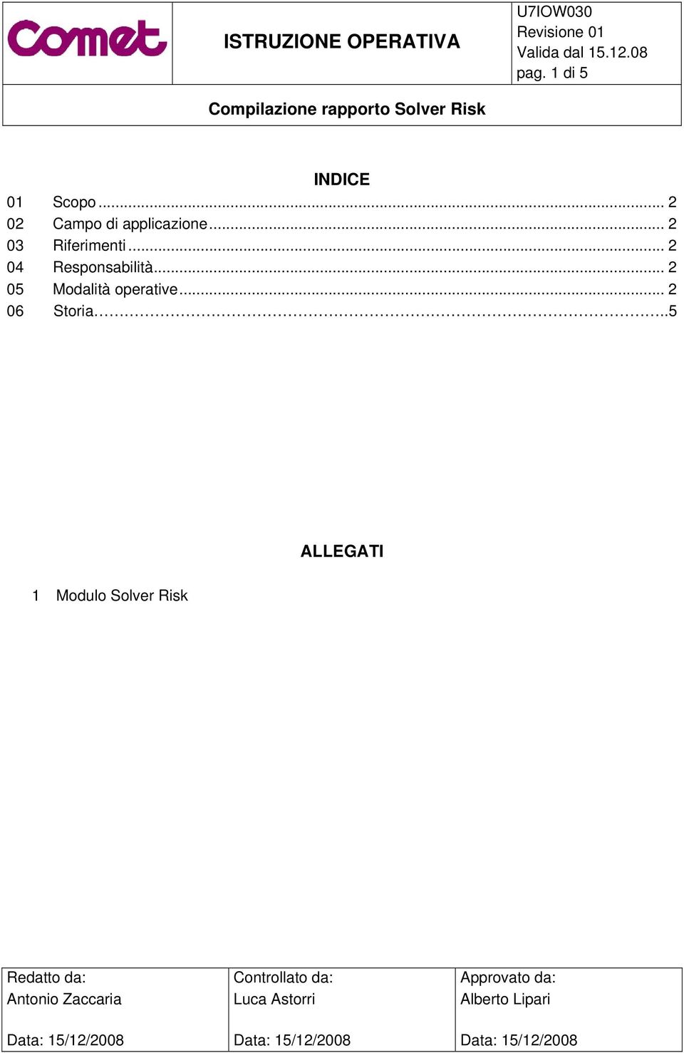 .5 ALLEGATI 1 Modulo Solver Risk Redatto da: Antonio Zaccaria Controllato da: