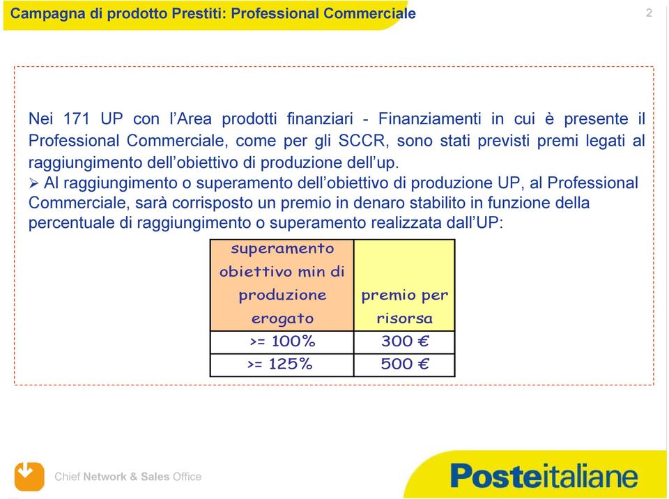 Al raggiungimento o superamento dell obiettivo di produzione UP, al Professional Commerciale, sarà corrisposto un premio in denaro stabilito in