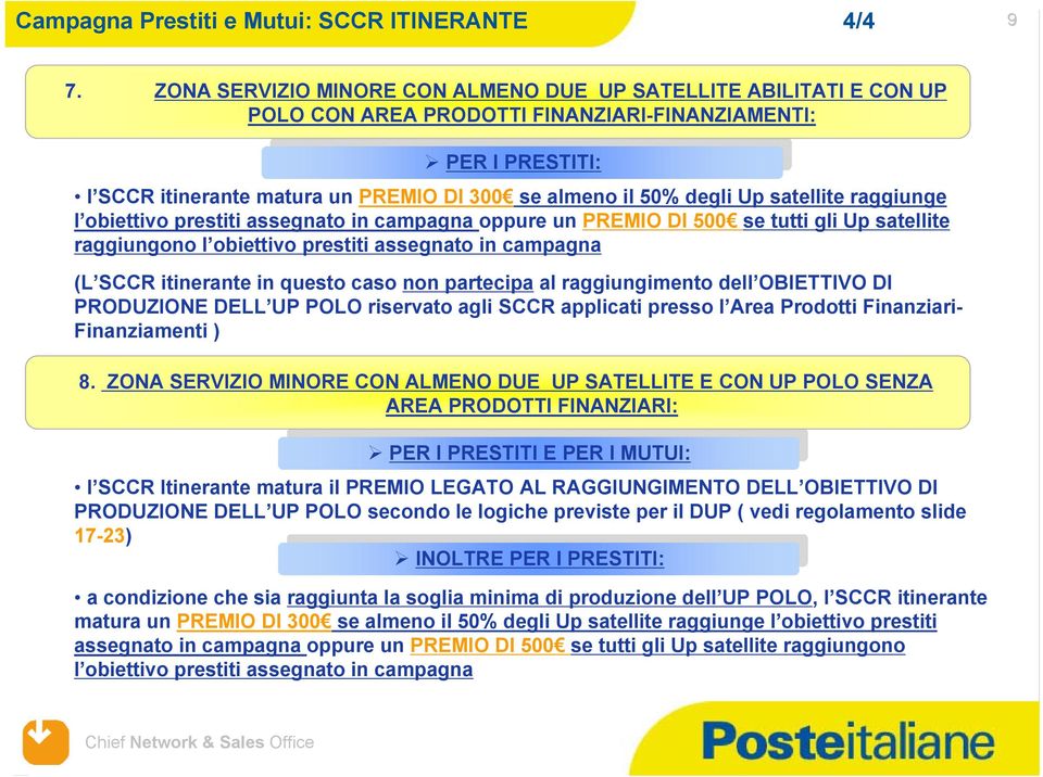 Up satellite raggiunge l obiettivo prestiti assegnato in campagna oppure un PREMIO DI 500 se tutti gli Up satellite raggiungono l obiettivo prestiti assegnato in campagna (L SCCR itinerante in questo