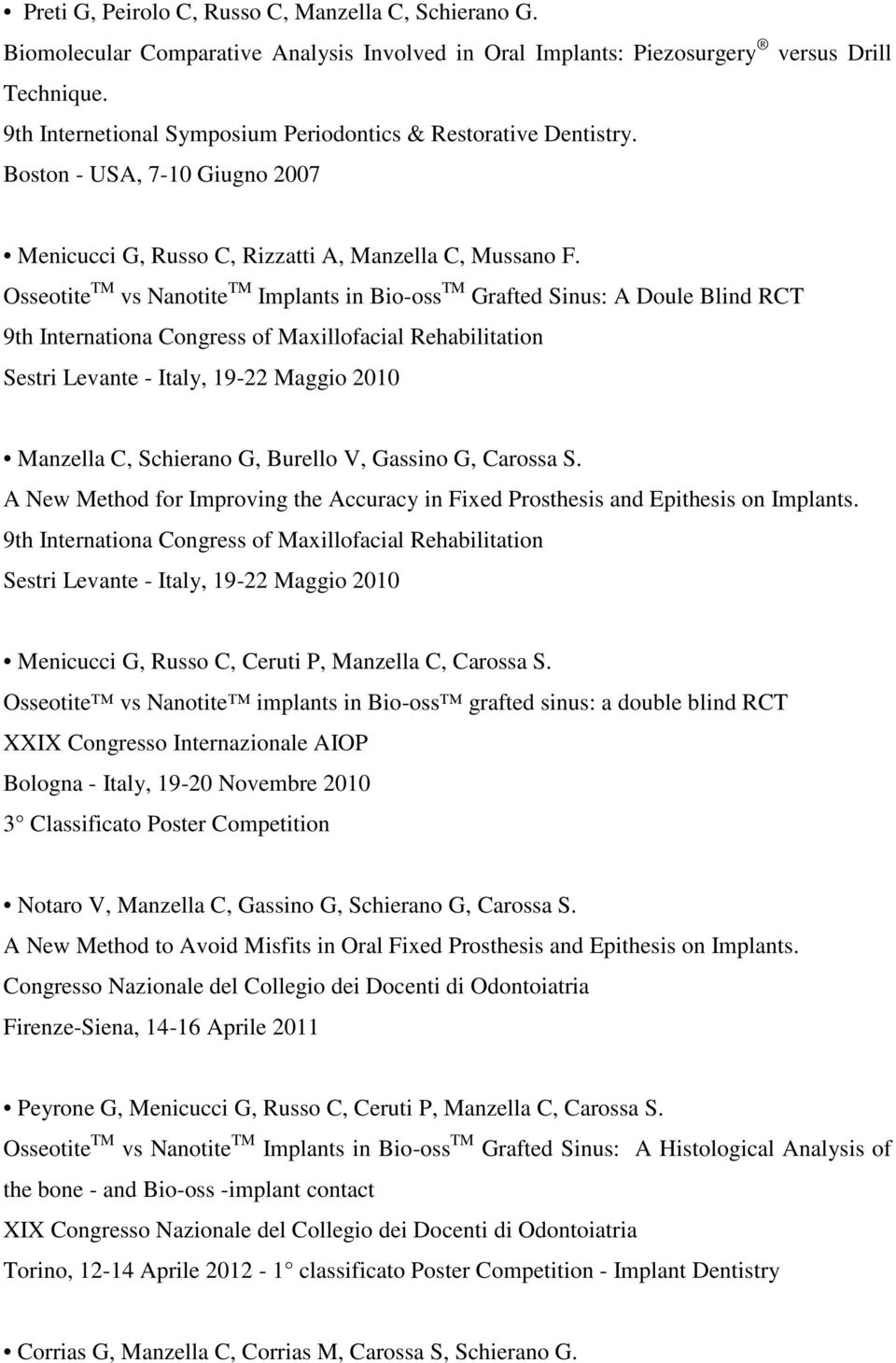 Osseotite TM vs Nanotite TM Implants in Bio-oss TM Grafted Sinus: A Doule Blind RCT 9th Internationa Congress of Maxillofacial Rehabilitation Sestri Levante - Italy, 19-22 Maggio 2010 Manzella C,