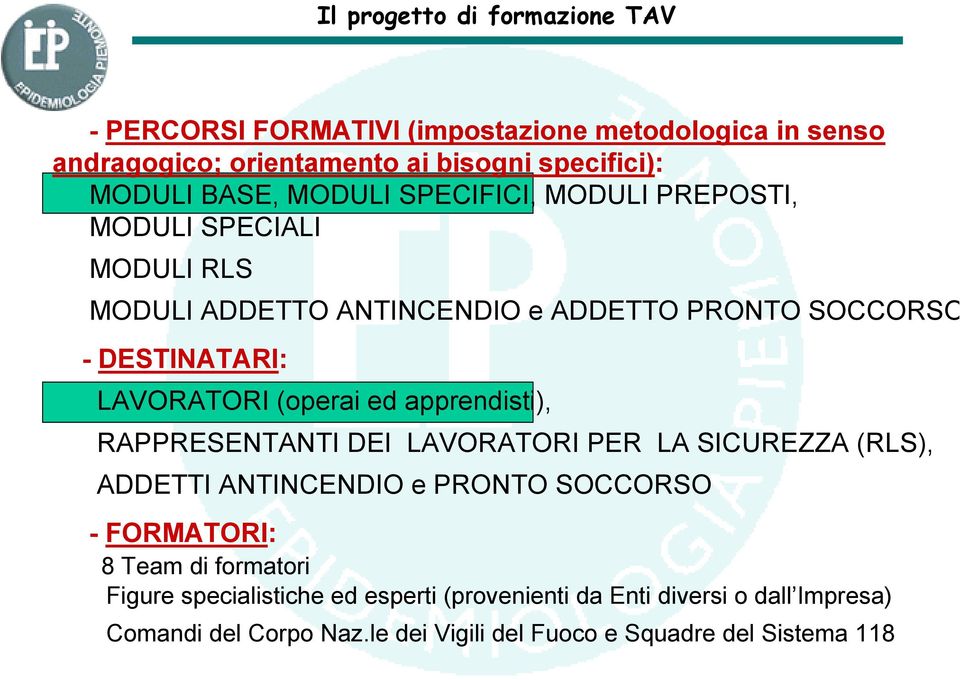 (operai ed apprendisti), RAPPRESENTANTI DEI LAVORATORI PER LA SICUREZZA (RLS), ADDETTI ANTINCENDIO e PRONTO SOCCORSO - FORMATORI: 8 Team di