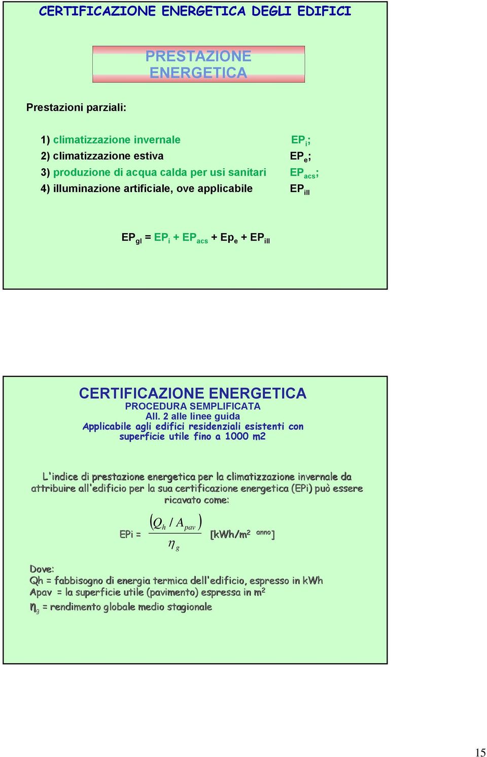 2 alle linee guida Applicabile agli edifici residenziali esistenti con superficie utile fino a 1000 m2 L'indice di prestazione energetica per la climatizzazione invernale da attribuire all'edificio