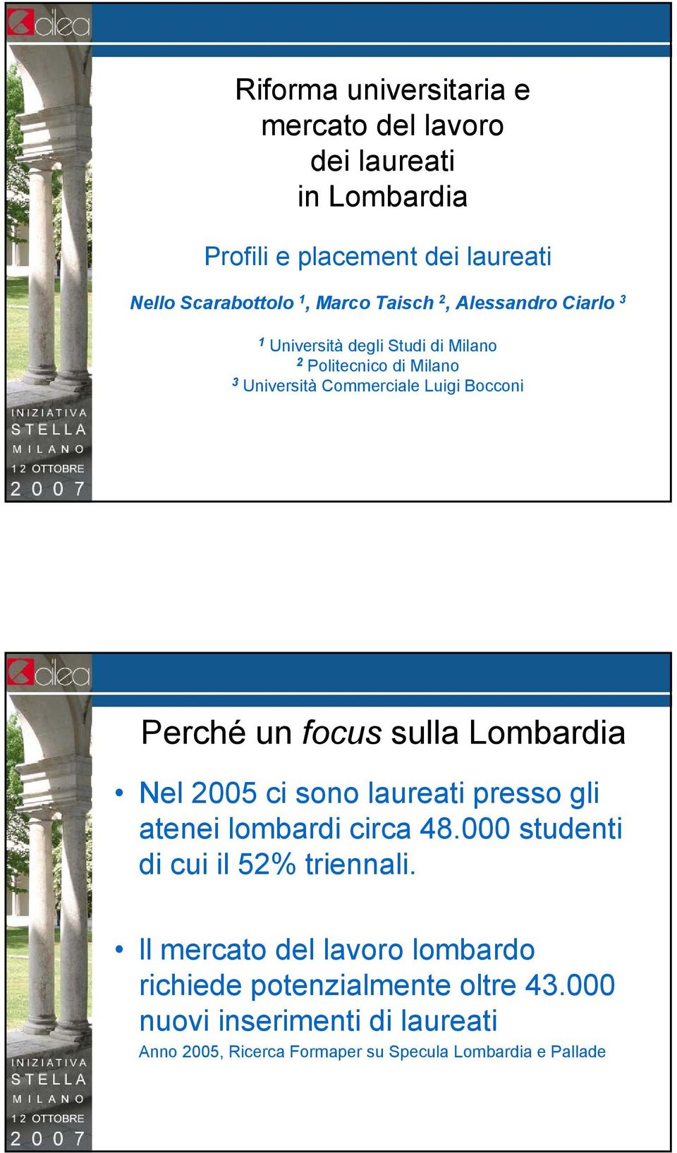 sulla Lombardia Nel 2005 ci sono laureati presso gli atenei lombardi circa 48.000 studenti di cui il 52% triennali.