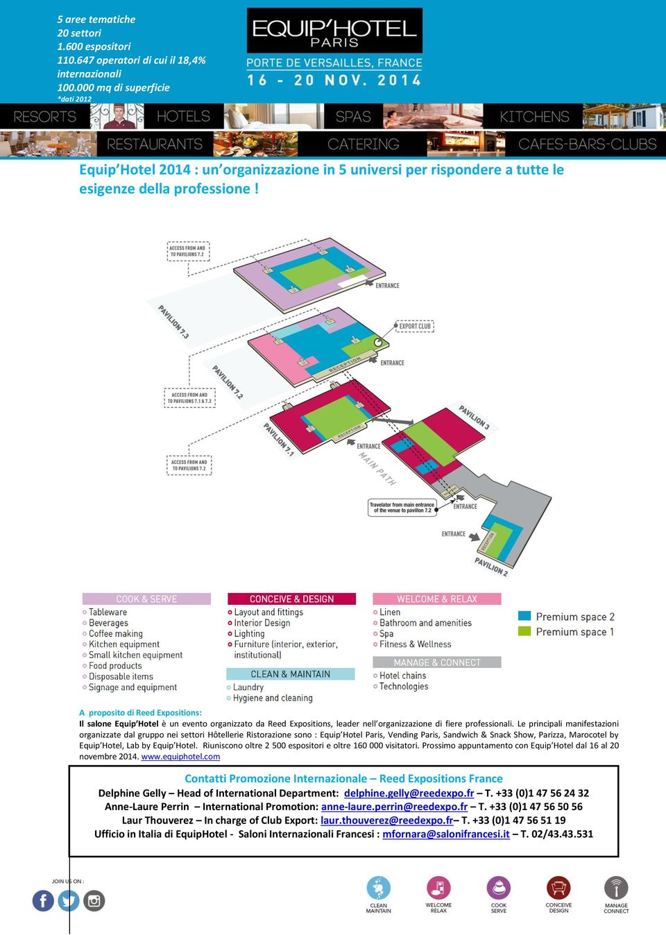 Le principali manifestazioni organizzate dal gruppo nei settori Hôtellerie Ristorazione sono : Equip Hotel Paris, Vending Paris, Sandwich & Snack Show, Parizza, Marocotel by Equip Hotel, Lab by Equip