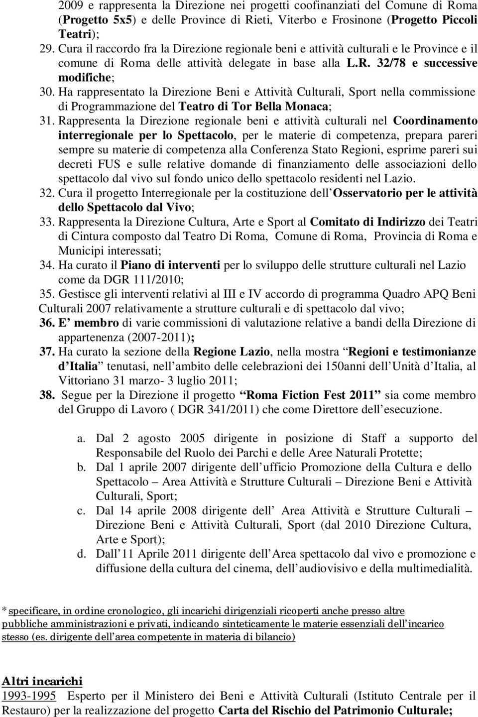 Ha rappresentato la Direzione Beni e Attività Culturali, Sport nella commissione di Programmazione del Teatro di Tor Bella Monaca; 31.