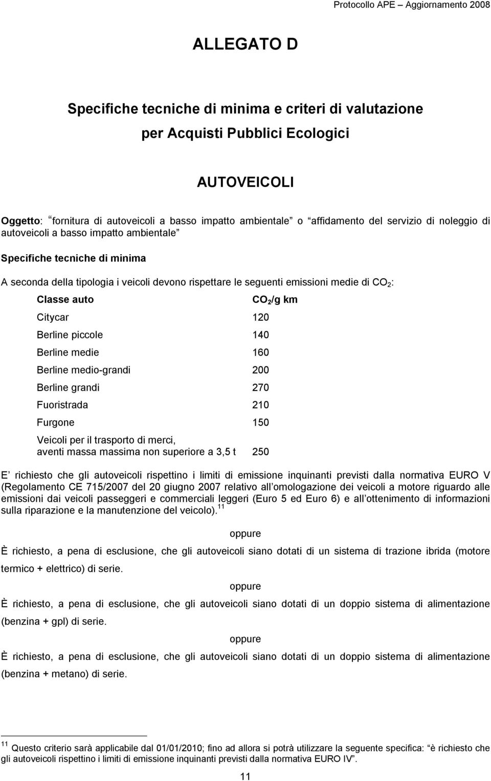 Citycar 120 Berline piccole 140 Berline medie 160 Berline medio-grandi 200 Berline grandi 270 Fuoristrada 210 Furgone 150 Veicoli per il trasporto di merci, aventi massa massima non superiore a 3,5 t